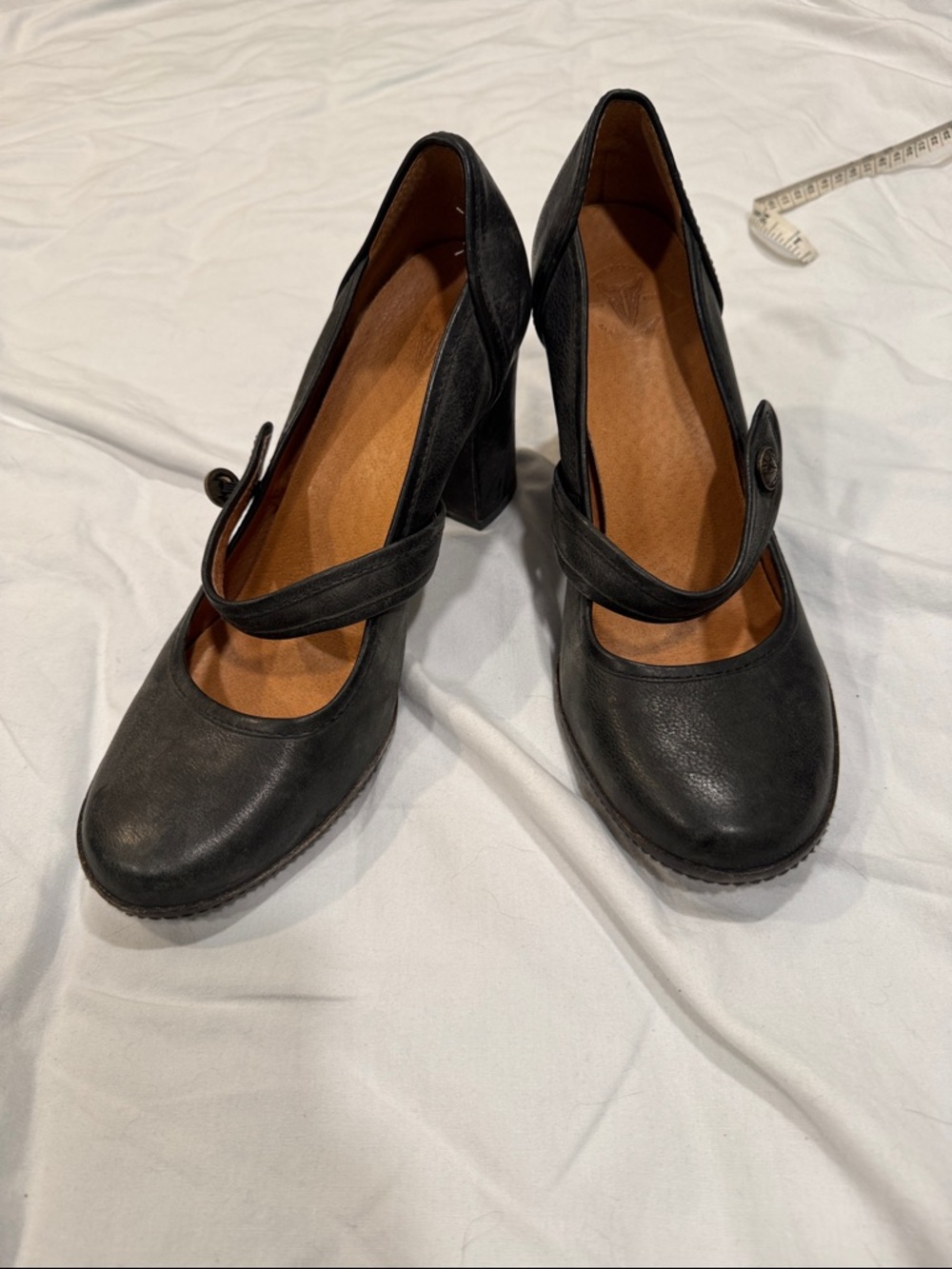 Frye Black Leather Mary Jane Block Heels